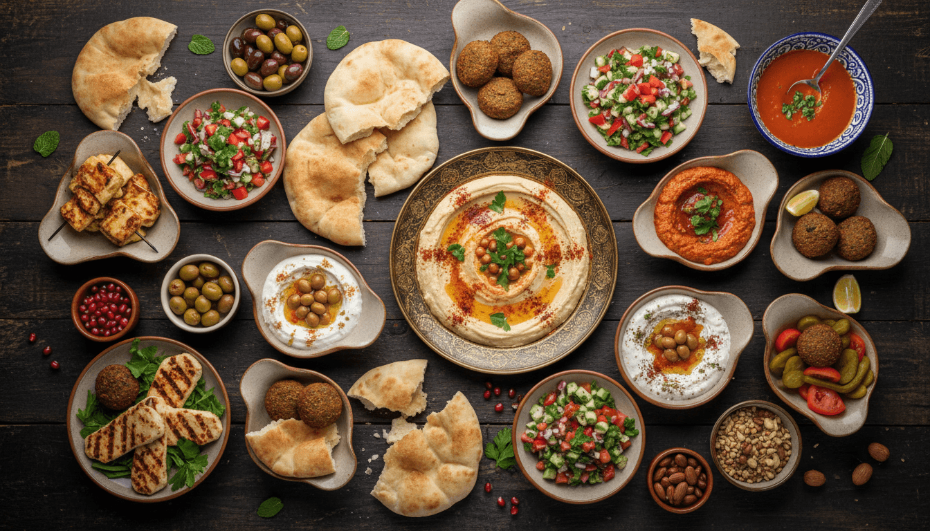 Assorted oriental mezze dishes served on a dark wooden table