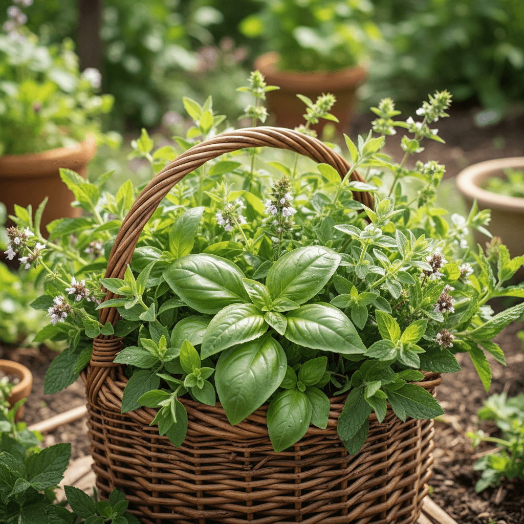 Fresh basil, oregano, and mint herbs in a garden basket