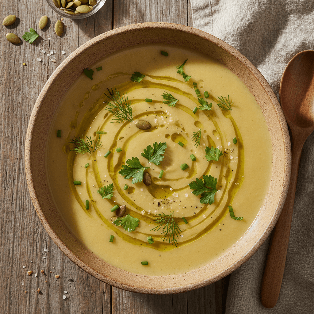 Creamy seasonal soup garnished with herbs and olive oil in a ceramic bowl