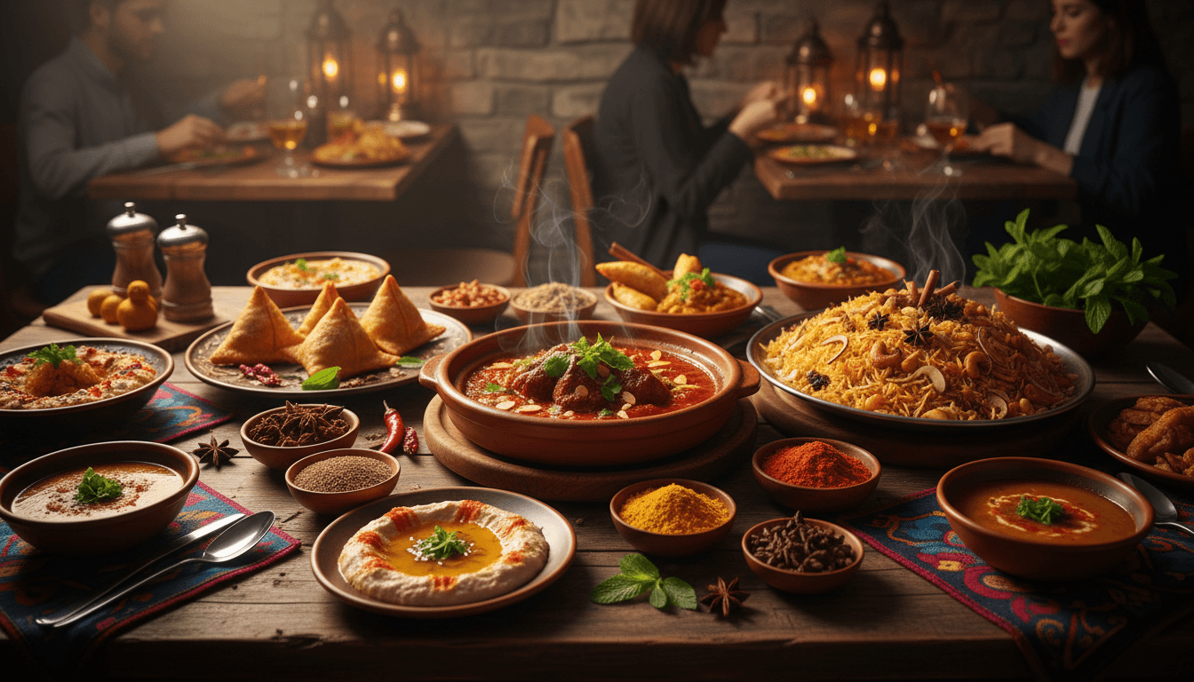 Aromatic oriental dishes with spices on a rustic wooden table in warm restaurant lighting