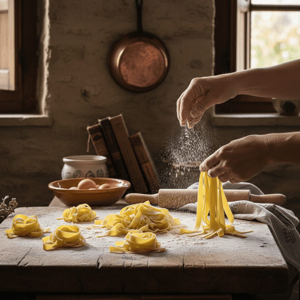 Handmade tagliatelle pasta being prepared in a rustic Italian kitchen
