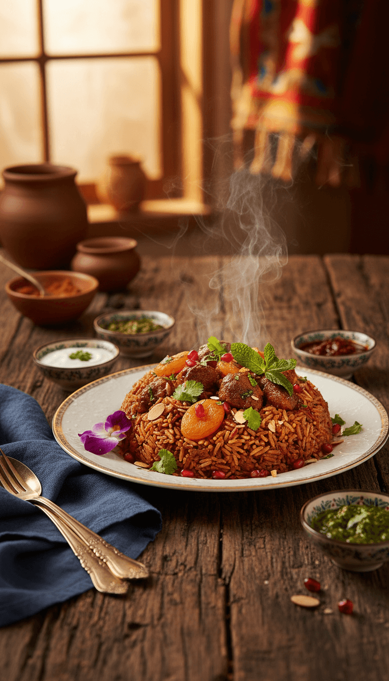 Aromatic oriental-inspired dish with fresh herbs served on rustic ceramic plate