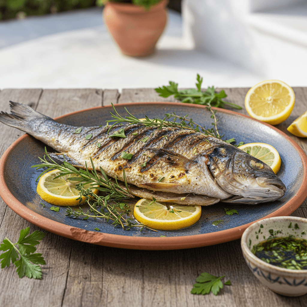 Grilled Mediterranean sea bass with lemon and fresh herbs on a rustic plate