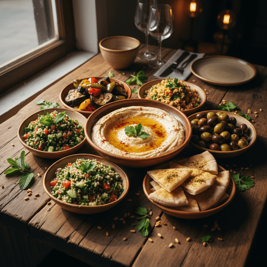 Spread of fresh Mediterranean mezze on a wooden table