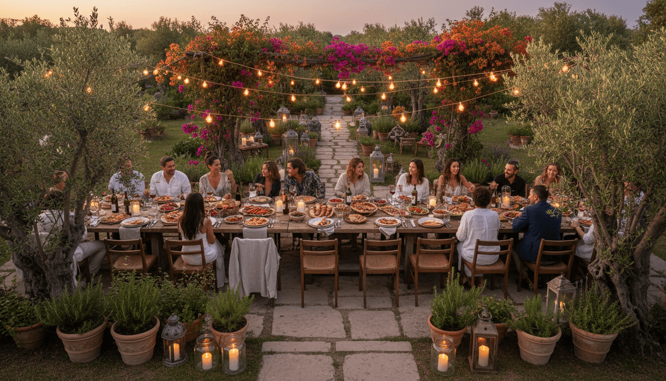 A warmly lit Mediterranean table with assorted dishes and fresh bread