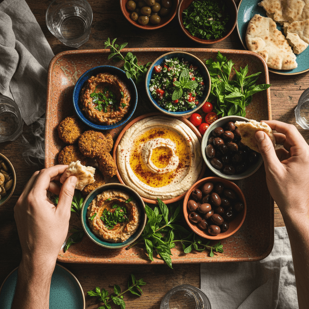 Mediterranean mezze platter with dips and pita