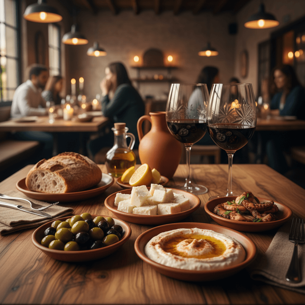 Overhead view of a Mediterranean meze spread on a rustic wooden table