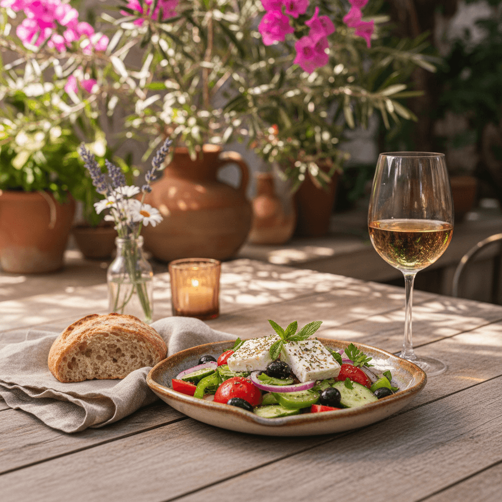 Mediterranean dishes arranged on a rustic table with warm candlelight