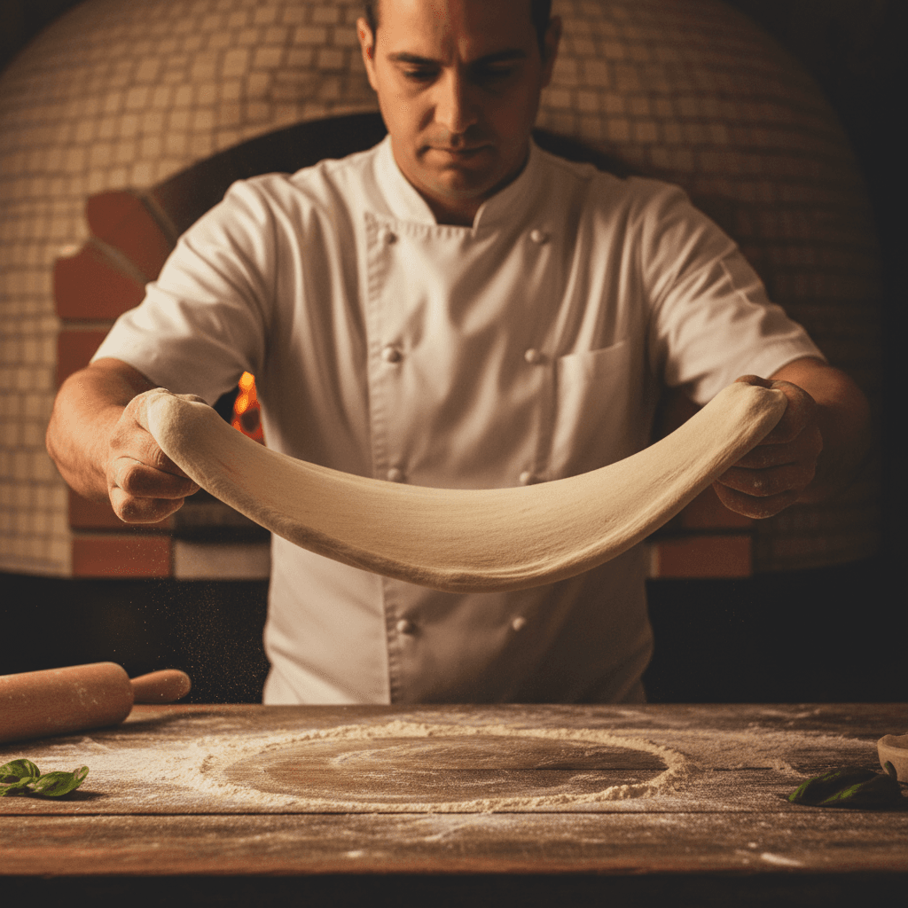 Chef's hands kneading dough on a wooden counter in a rustic kitchen