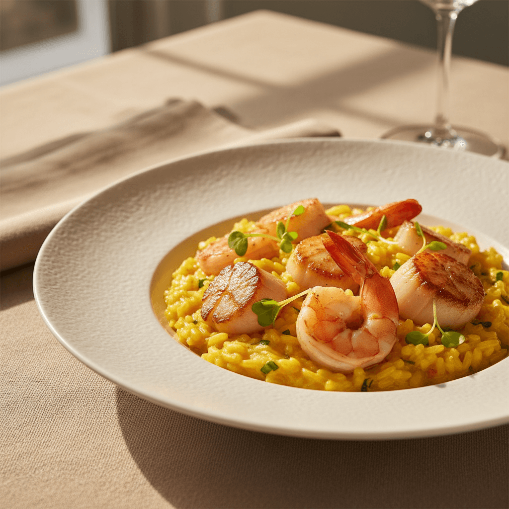 Seared sea bass on saffron risotto